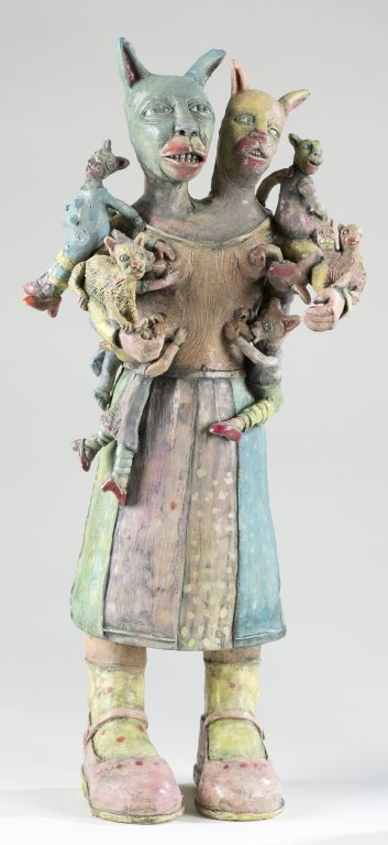 Janis Mars Wunderlich (United States, b. 1970).: Polychrome painted and glazed earthenware sculpture of a two-headed cat, c. 2002. Signature and date on base of foot. 17"h.