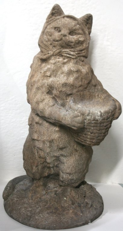 Concrete Cat Bird Bath Sculpture.: Wearing a scarf and carrying a basket. 23 1/2"h.