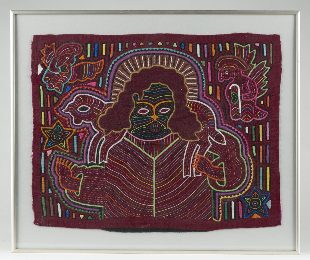 Two Colorful Folk Art Cat Tapestries.: Possilby Mexican. Multi-colored cotton thread sewn into patterns of cats on cotton cloth. Both framed under glass. Largest frame:16" x19."