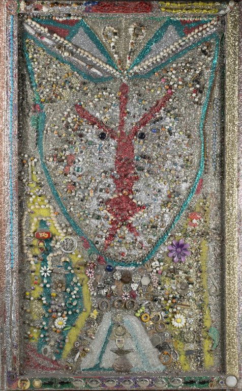 Simon Sparrow (US/Wisconsin, 1925-2000).: Beaded assemblage of wood, shells, beads, glitter, and other materials of a cat. Dec. 1993. Signed on reverse. 47 3/4" x 29 1/2." To include research done by Eddington and a postcard from the 1995 exh