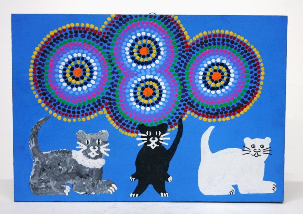 James Harold Jennings (US/N. Carolina, 1931-1999).: Acrylic and oil on board. Trio of cats on a bright blue background with folk art design in background. Signed on back. 9 1/8" x 13 1/4".