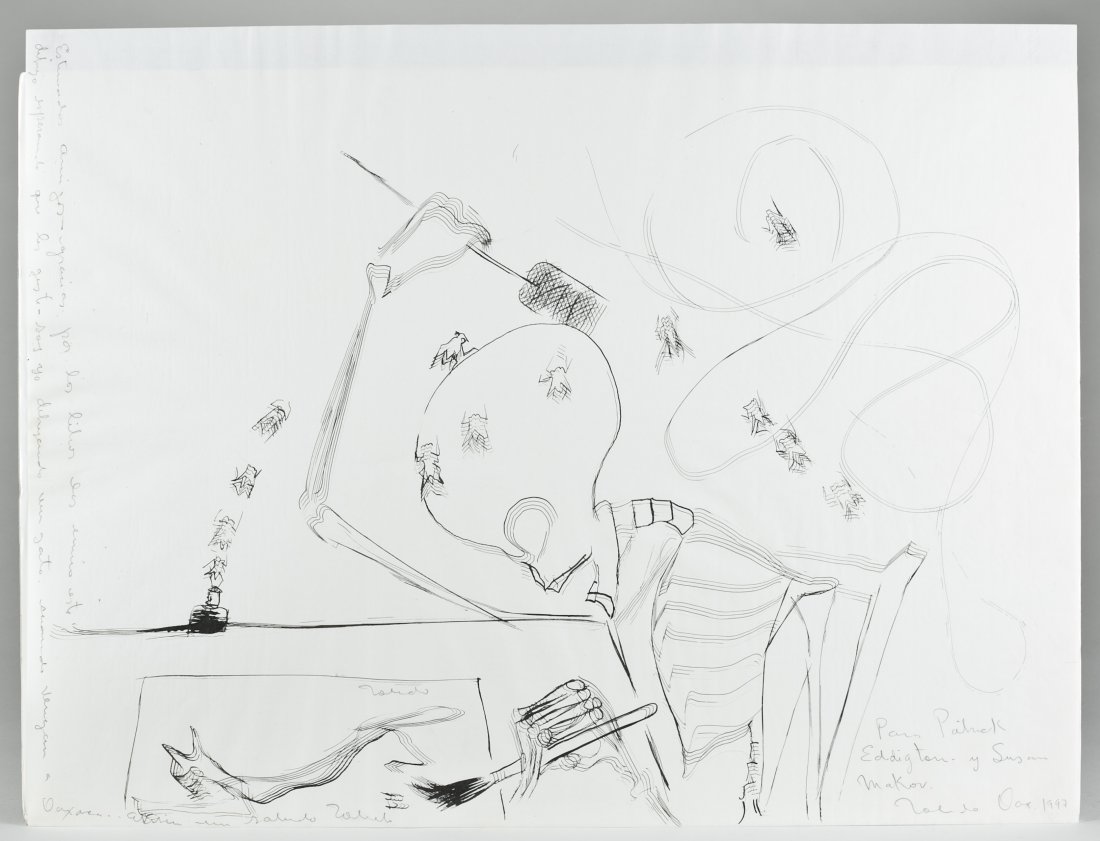 Francisco Toledo (Mexico, b. 1940).: Skeleton Drawing a Cat, 1997. Ink on Ingres paper. Personal note to Eddington from Toledo along left edge of paper and right corner in pencil. Signed three times l.m. and u.r. Unframed. 19 3/8" x 25 1