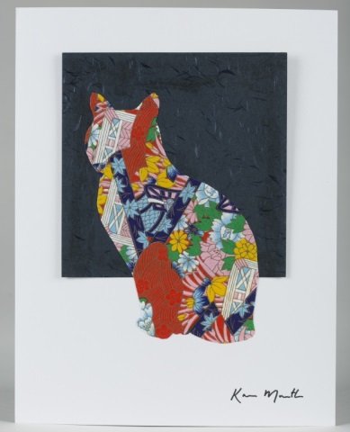 Karen Mantler Cat Collage.: "My Cat Arnold" Cut colored origami paper adhered with paper cement to paper. Signed l.r. 11" x 8 1/2". To include letter from Mantler to Eddington.