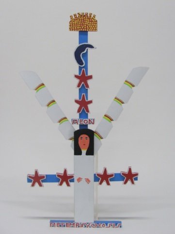 James Harold Jennings (US/N. Carolina, 1931-1999).: "Aeon Metempsychosis". Polychrome painted wood and plastic siding wall sculpture. 34 1/2"h x 21"w x 1"d.