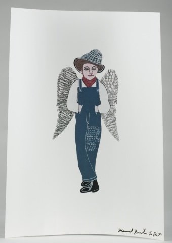 Reverend Howard Finster Lithograph & Poster.: Elvis at 3 is an Angel to Me, lithograph, July 2, 1989. Signed in sharpie l.r. "To Pat." On reverse: The Lord is Never Far From Thee, lithograph, May 16, 1989. Unframed. 15 3/4" x 12". ++ Poster of Ho