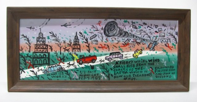 Reverend Howard Finster (US/Georgia, 1916-2001).: "Tornadoes of 1989". 1989. Paint on board. On front and back, signed and dated. In a plastic frame to simulate wood. 5 7/8" x 14 3/4"; frame: 7 1/2" x 16 1/2".