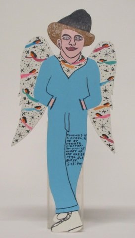 Reverend Howard Finster (US/Georgia, 1916-2001).: "Elvis as an Angel". March 26, 1990. Polychrome painted cutout wood sculpture. On front, titled and signed. On back, signed and dated. 24 1/2"h x 11 1/2"w x 1/8"d.