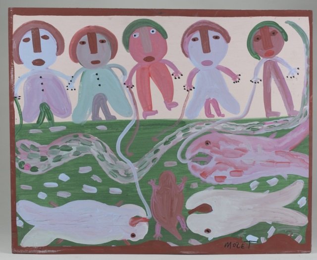 Mose Tolliver (US/Alabama, 1925-2006).: Untitled Fishing Scene. Oil or house paint on wood panel. Signed l.r. 21 1/4" x 26 1/4".