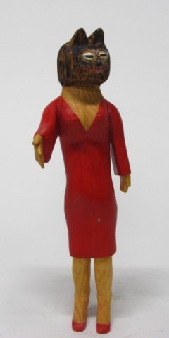 Sultan Rogers (US/Mississippi, 1922-2003) Bulto.: Polychrome painted carved wood figure of a woman with a werewolf head. On bottom of her feet, "Bulto" and "Rogers". 16"h.