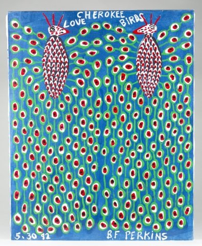 B. F. Perkins (US/Alabama, 1904-1993).: "Cherokee Love Birds In Blue," 5/30/92. Acrylic on canvas. Signed and dated along bottom. Unframed. 30" x 24".