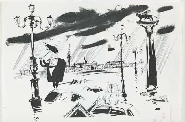 Five Ian Pollock Works on Paper.: Four Xerox copies of original works by Ian Pollock. Stamped cobra logo in red ink. To include: Rainy day in London ++ Group gathering for a birthday ++ Orangutan thinking ++ Waiting on the Doctor. ++ 