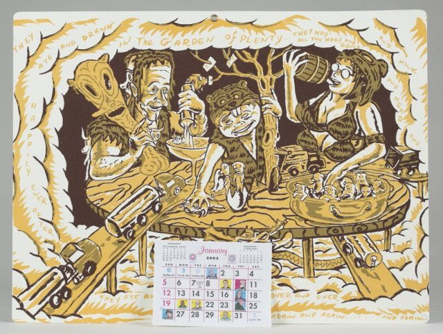 David Sandlin (Ireland, b. 1956).: They Ate and Drank in the Garden of Plenty..." Mixed media calendar on poster board with a personal message on reverse for Eddington in sharpie. 11 3/4" x 15 1/2".