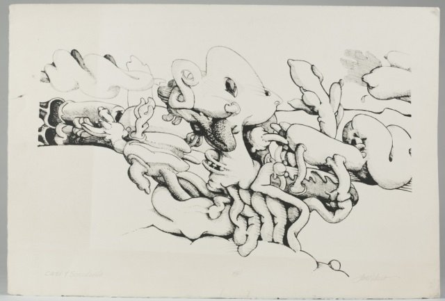 Tom Rickers (United States, 20th c.).: "Cacti & Succulents" FTP. Engraving on Arches paper. Signed l.r. Unframed. 14" x 23 1/4". ++ "La Maison Francais" colored engraving with charcoal edition 7/25. Signed l.r. Unframed. 29 1/4" x 17".