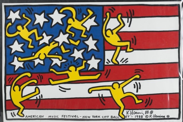 Keith Haring (US/NY, 1958-1990) Signed Poster.: American Music Festival - New York City Ballet Poster, 1988. Illustration by Keith Haring. Printing courtesy of Philip Morris Companies Inc. Signed l.r. with original sketch. Unframed. 24" x 36". To i