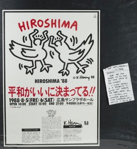 Keith Haring (US/NY,1958-1990) Signed Poster.: Hiroshima '88. Illustration by Keith Haring. Art Direction by Masaaki Fukushi. Unframed. Signed l.r. 29 3/4" x 20 1/4". To include personal correspondence from Haring to Eddington.
