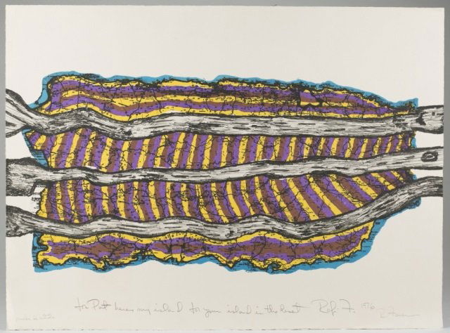 Rafael Ferrer (Puerto Rico, b. 1933).: "For Pat here my island for you island in the desert." Lithograph, prueba de artista l.l. Double signed l.r. 1976. Unframed. 20" x 27".
