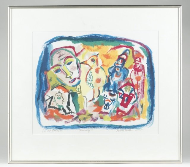 Henry Miller (US/California, 1891-1980).: "Clownesque," 1975. Colored serigraph. Signed l.r. "For Pat Eddington" l.l. Framed and matted under glass. Sight: 12 1/2" x 15 1/2"; frame: 19 1/2" x 1/4".