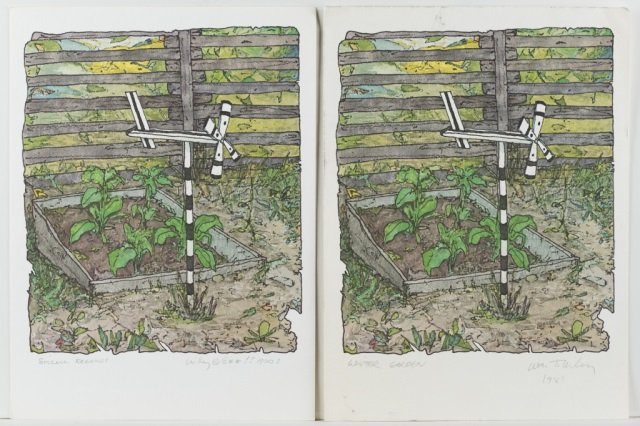 William Wiley "Winter Garden" Colored Lithographs.: Pair of lithographs, one titled "Sincere Regards" signed l.r. One titled "Winter Garden" signed l.r. Unframed. 14 1/8" x 10 1/2".