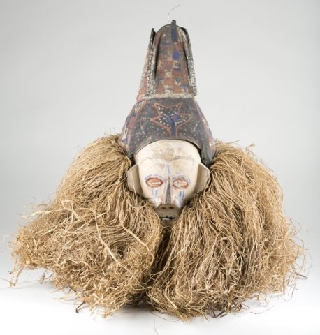 Yaka Mask, Democratic Republic of the Congo, 20th c.: Made for sale. Carved wood with straw beard. 27" h.