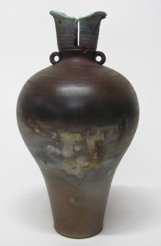 Asian Earthenware Amphora-Shaped Vase.: Traditional Neolithic form. Two small formed round handles at neck of vase. Impressed Kanji to base of body. Unmarked on bottom. 15 1/4" h x 8" diam.