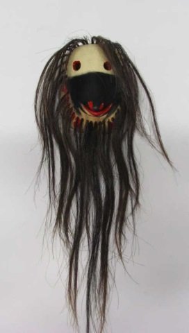 Pabla Pacheco Mayo Indian Pascola Mask.: 1987. Polychrome painted carved wood with animal hair. Initialed inside mask, "PP". Marked Mexico. 7 7/8" l.