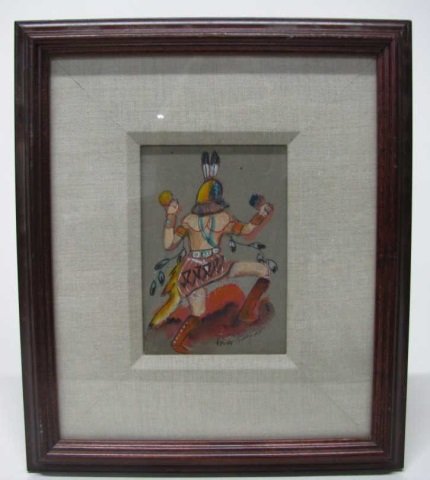 Andy Tsihnahjinnie (Navajo Nation, 1916-2000).: Gouache and ball point pen on paperboard. Scene of a dancing Kachina. Signed l.r. Framed. Sight: 6 5/8" x 4 3/8"; frame: 14 1/8" x 12 1/4".