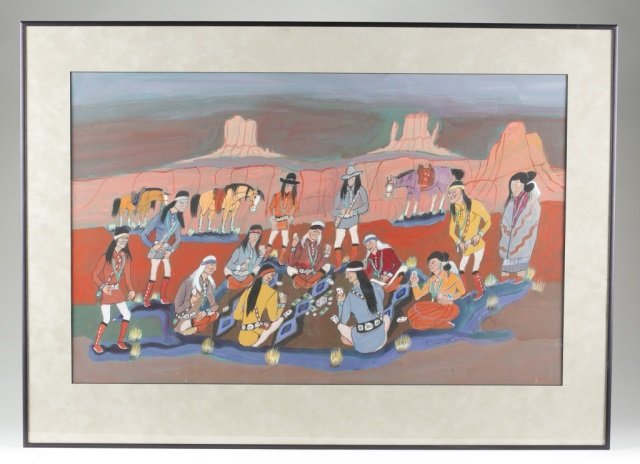 Andrew Van Tsihnahjinnie (US/Arizona, 1916-2000).: "Playing Cards." Acrylic on paper or cardboard. Signed l.r. Frame: 26 1/3" X 26 1/4". Featured in, "Trading Post Guidebook: Where to find the Trading Posts, Galleries, Auctions, Artists, and Museum of
