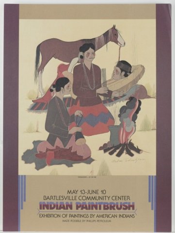 Indian Paint Brush Poster Signed by Tsihnahjinnie.: Tsihnahjinnie - By the Fire. Bartlesville Community Center Indian Paintbrush Exhibition of Paintings by American Indians Poster. May 13-June 10. Posters signed.