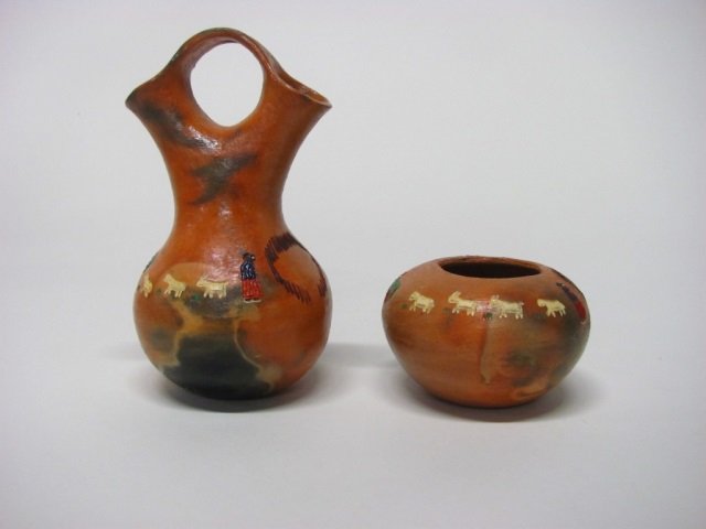 Rita Manygoats (US/Navajo Nation, 20th c.).: Small bowl/vase with sculpted applique goats and farm scene. Signed on bottom. 2 1/4" h. ++ Wedding vase with sculpted applique goats and farm scene. Signed on bottom. 6 1/8" h.
