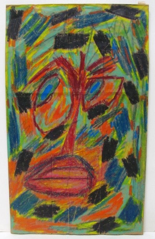 Rafael Ferrer (Puerto Rico/US, b. 1933).: Mask. May 3, 1973. Crayon on paper bag. On reverse, signed/dated and dedicated \\\"for Pat - Raf Ferrer.\\\" 16 5/8\\\" x 9 3/4\\\"
