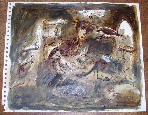 Garry Shead: An original pen and watercolour by Shead from his Ern Malley series showing a crucified Ern possibly having impure thoughts with a nearby nude. Signed and dated 2008 lower right. Mystical...