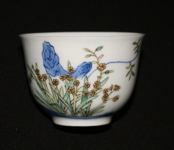 Chinese Famille Rose Tea Bowl, Possibly Republic ,: modelled in typical form , painted with a floral spray and a poem, six character mark to base , h 5cm Christine A Anthony Collection