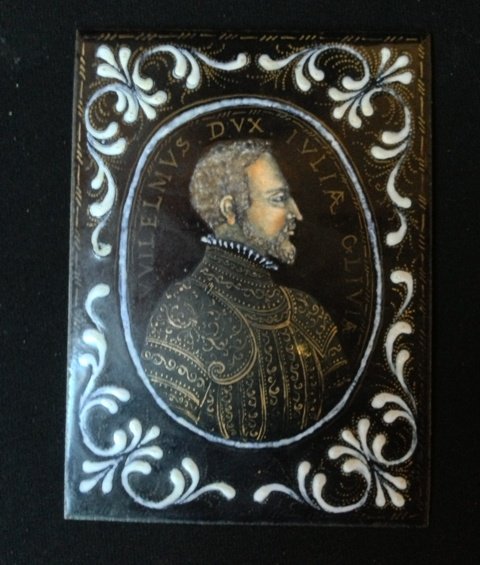 A Limoges Enamel Plaque, c 1880,: modelled in rectangular form , painted with a profile bust of Duke William of Julich-Cleves-Berg (1516-1592) , in full dress armour with a white ruff, 10.45 x 7.5cm Private Collection Blakeshurst,Sydn