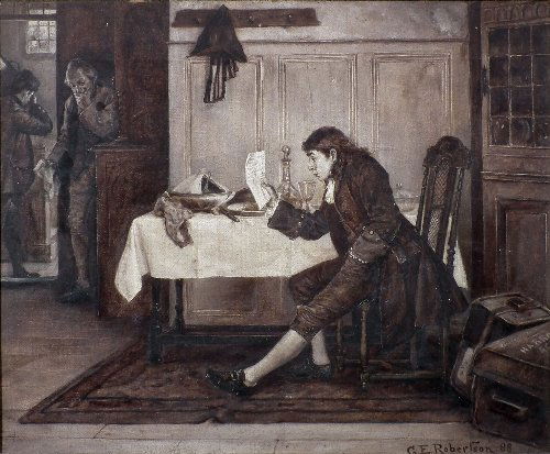 George Edward Robertson (1864-1920) - Oil painting: George Edward Robertson (1864-1920) - Oil painting - "The Bill", 10.5ins x 13.5ins, signed and dated '88, in gilt slip