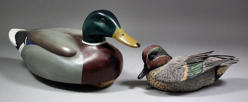 Robert (Bob) V. Ridges - Carved and painted decoy duck : Robert (Bob) V. Ridges - Carved and painted decoy duck - Mallard (Male), 16.5ins overall, and Mike Wood - Carved and painted decoy Teal (Male) 10.25ins overall