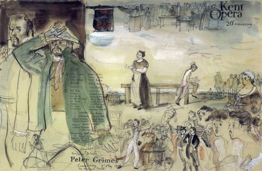 John Ward (1917-2007) - Artists proof print - "Kent Ope: John Ward (1917-2007) - Artists proof print - "Kent Opera 20th Anniversary - Peter Grimes, Canterbury 3rd May 1989, The Marlowe Theatre", 12.5ins x 18.5ins, signed and inscribed "Marvellous Printing!"