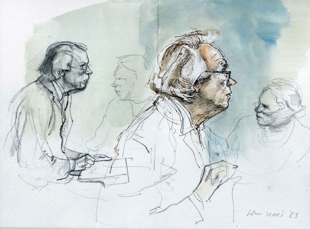 John Ward (1917-2007) - Pencil and watercolour sketch -: John Ward (1917-2007) - Pencil and watercolour sketch - Self portrait, 9.25ins x 12.5ins, signed and dated ‘83, in moulded wood frame and glazed Provenance : Maas Gallery, 15 Clifford Street, New Bo