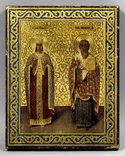 A 19th Century Russian icon of “Holy Princess Olga” and: A 19th Century Russian icon of “Holy Princess Olga” and “Holy Bishop Michael of Cisin”, portrayed standing with hands raised, Michael holding a book within scrolled border, 8.75ins x 7ins