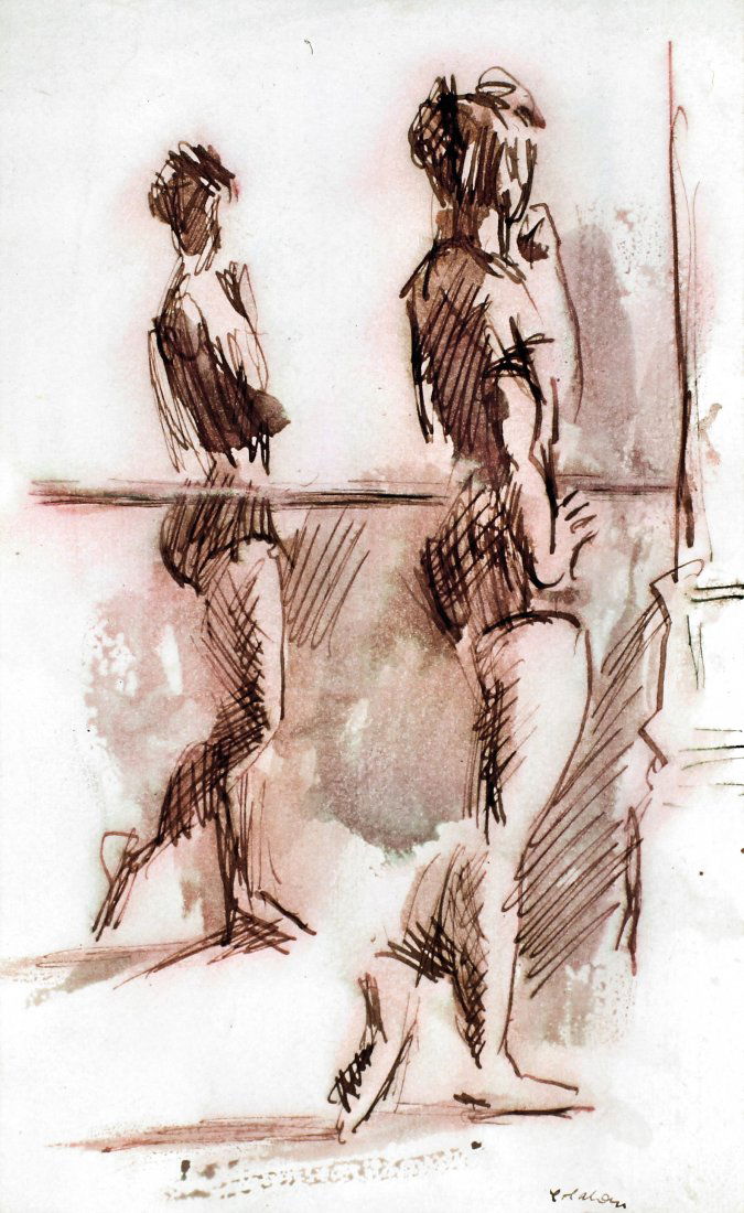 Colin Colahan (1897-1987) - Ink sketch - Study for an o: Colin Colahan (1897-1987) - Ink sketch - Study for an oil painting - Full length portrait of a standing ballerina before a mirror, 10ins x 6ins, signed (unframed) Note : This sketch is a preparatory s