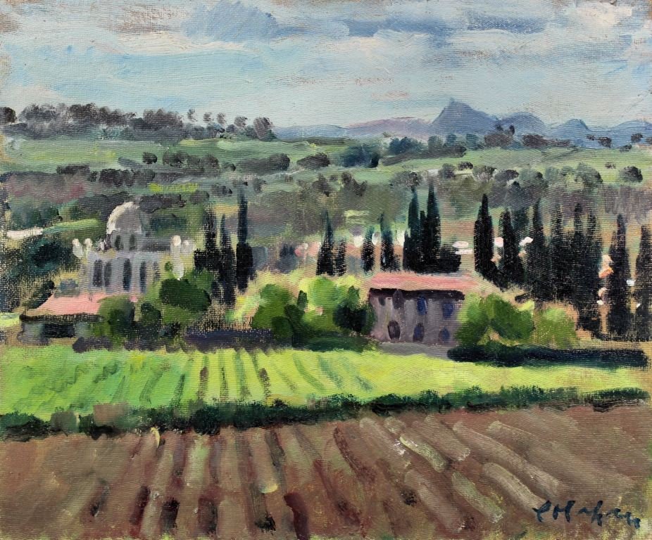 Colin Colahan (1897-1987) - Oil painting - "Near La Cio: Colin Colahan (1897-1987) - Oil painting - "Near La Cio Tat 1951" - View of a ploughed field with houses beyond, board 15ins x 18ins, signed (unframed - slight damage)