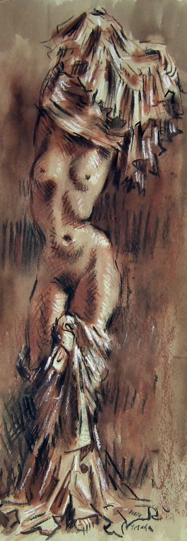 Colin Colahan (1897-1987) - Charcoal and watercolour wa: Colin Colahan (1897-1987) - Charcoal and watercolour wash sketch heightened in white - Full length portrait of a nude woman with a shawl over her head, 19.5ins x 7.5ins, signed (unframed), a similar s
