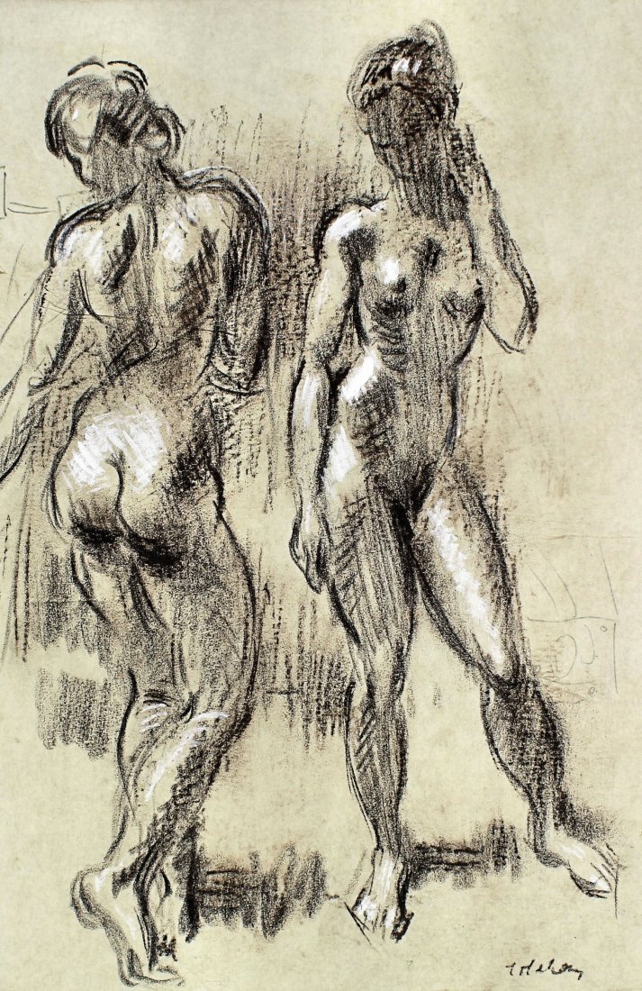 Colin Colahan (1897-1987) - Charcoal drawing heightened: Colin Colahan (1897-1987) - Charcoal drawing heightened in white - Study of two nude women, 13.5ins x 9.5ins, signed (unframed - mounted), and two other sketches of nude women (three sketches in total