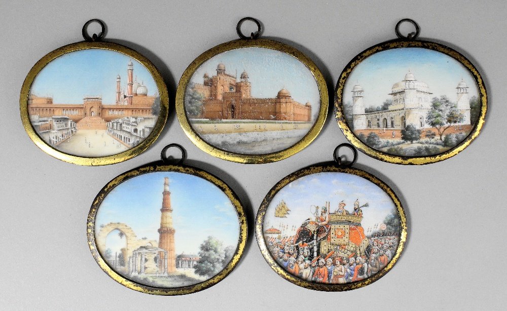 Indian School - Five miniature paintings - “The Pearl M: Indian School - Five miniature paintings - “The Pearl Mosque, Agra”, “Agra”, “The Taj, Agra”, “Kootub, near Deli” and “The Triumph of Akbar”, ovals, thought to be on ivory, all 1.7