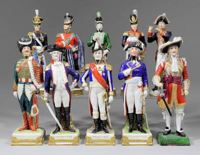 A Continental porcelain figure - “Marshall Mortier”, 9.: A Continental porcelain figure - “Marshall Mortier”, 9.75ins high, and nine other models of soldiers, various