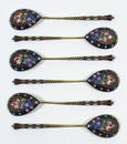 A set of six Russian silvery metal and champleve enamel