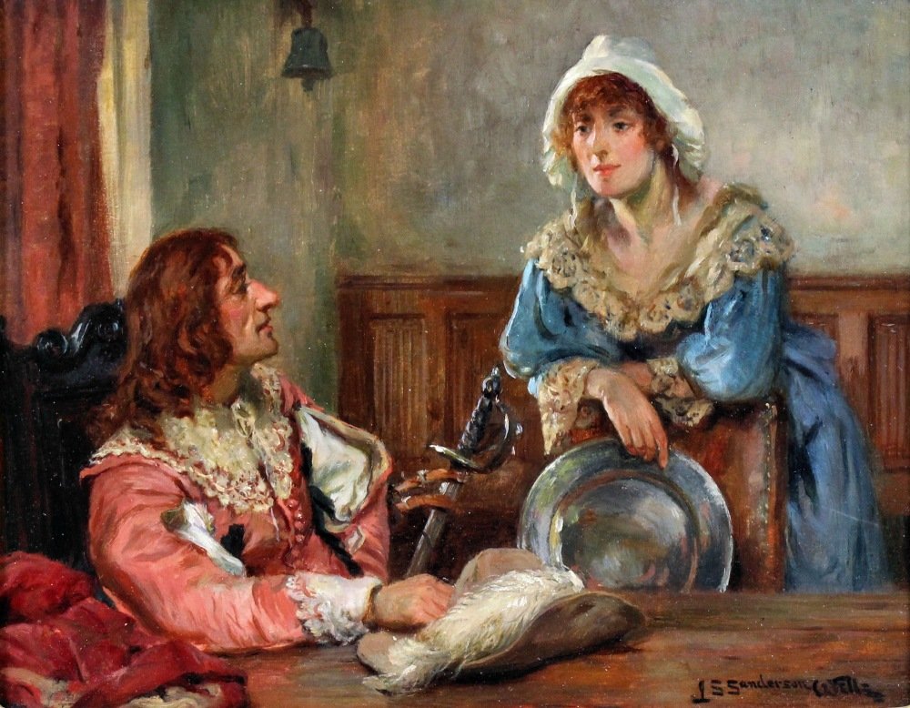 Julia Sanderson (fl. 1870-1880) - Oil painting - Figure: Julia Sanderson (fl. 1870-1880) - Oil painting - Figures in a tavern in 17th Century dress, panel 7.5ins x 9.5ins, signed, in moulded gilt frame