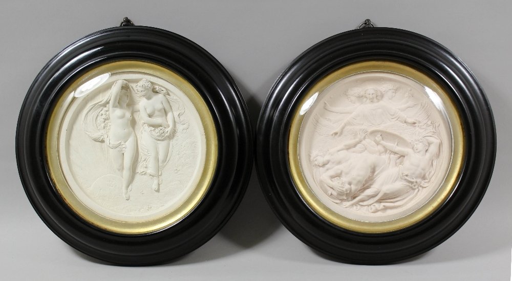 A circular stoneware plaque - "The Fall of the Rebel An: A circular stoneware plaque - "The Fall of the Rebel Angels", published by the Art Union of London and designed and executed by Robert Jefferson of Lambeth, 7.5ins diameter, in ebonised frame and glaz