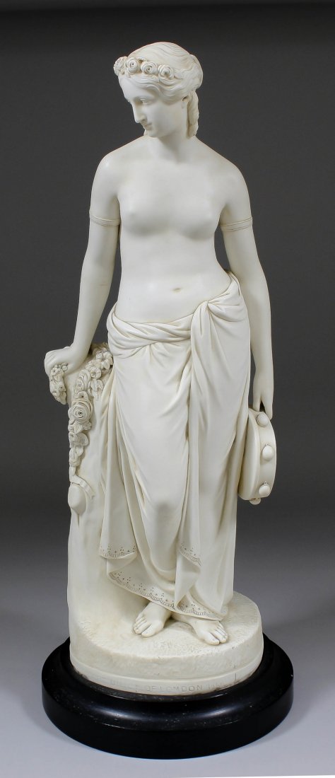 A Copeland Parian figure of a scantily draped female pu: A Copeland Parian figure of a scantily draped female published by the Art Union of London, 1846, 18.25ins high (impressed factory mark) Note : Designed by Marshall and modelled by Cheverton