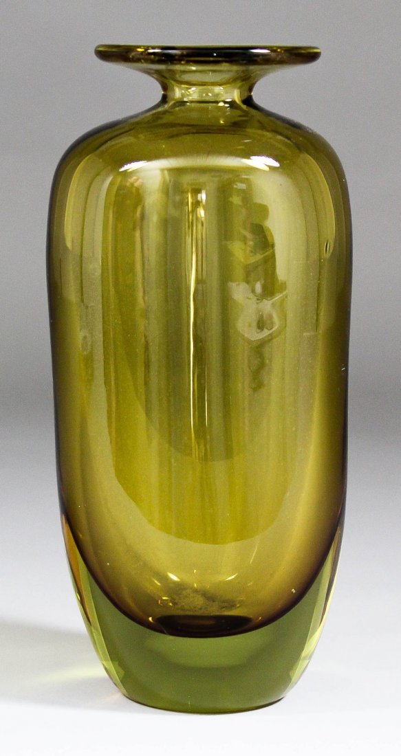 A Lindshammar Swedish brown glass vase designed by Gunn: A Lindshammar Swedish brown glass vase designed by Gunnar Ander, 8.25ins high (factory and artist's name engraved to base, No. 1272 over 200)