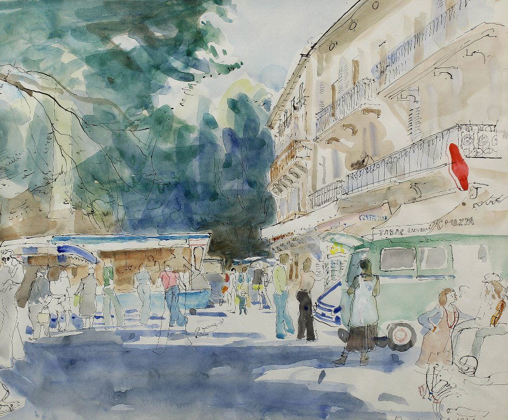 ***John Ward (1917-2007) - Watercolour - French market : ***John Ward (1917-2007) - Watercolour - French market scene, 12ins x 14.5ins, signed in pencil and dated 1976 (?), in wood frame and glazed Provenance : J. S. Maas & Co Ltd, 15a Clifford Street, New